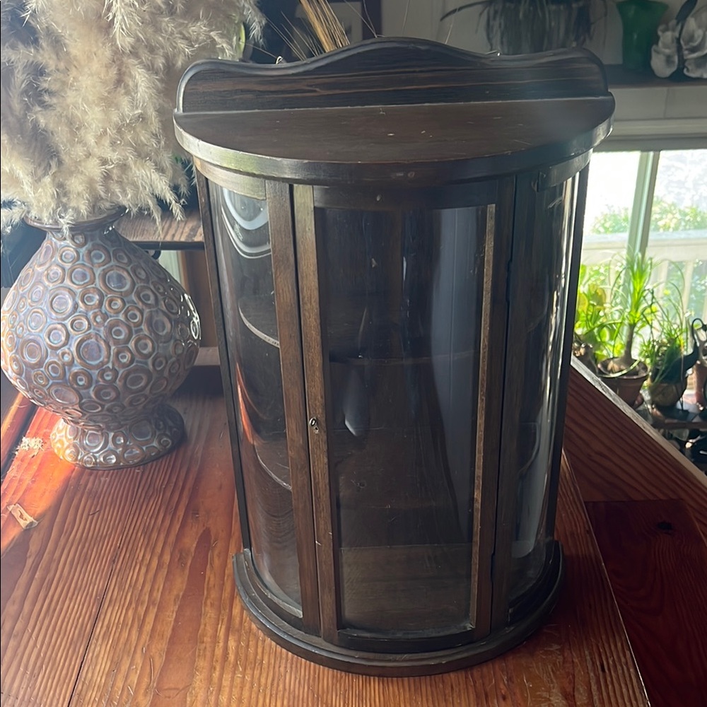 Vintage Wooden Curio Cabinet with curved Glass Doors